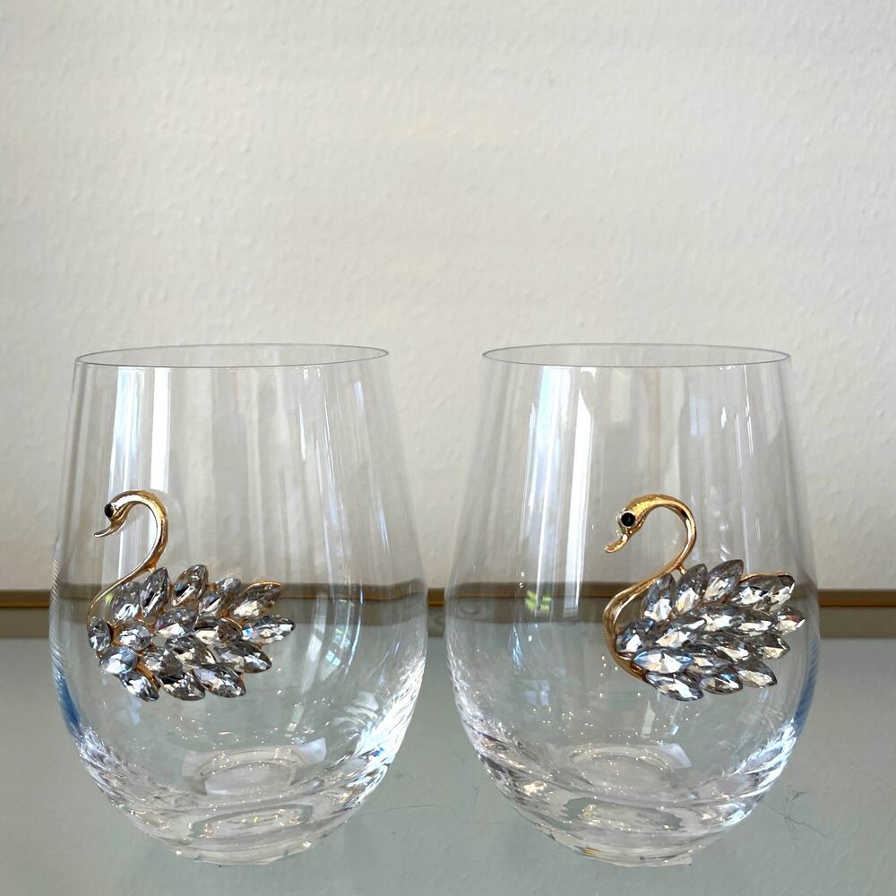 Fig & Fern Jeweled SWAN Stemless Wine Glass Set of 2 New